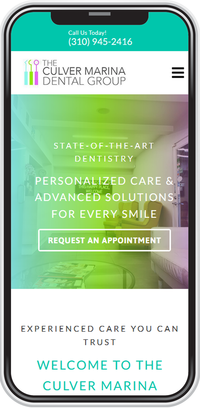 The Culver Marina Dental Group website displayed on a phone.